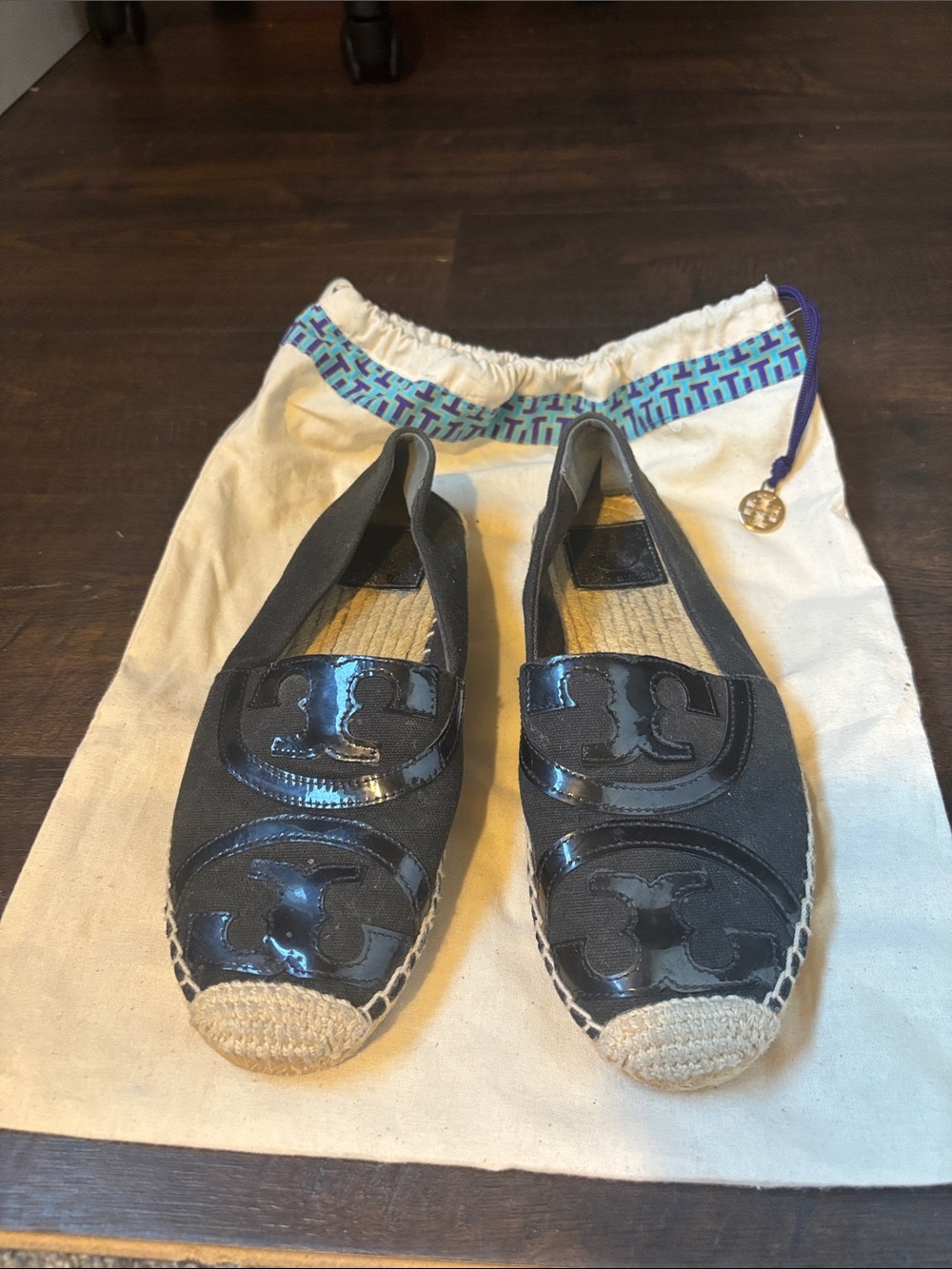 Tory Burch Black Patent Logo Espadrille Flats